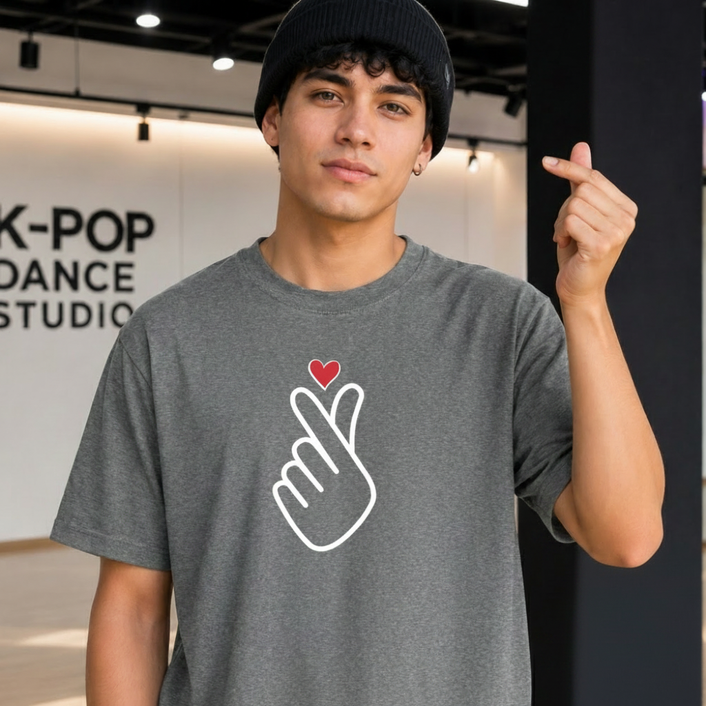 man wearing finger heart Korean saranghaeyo I love you K-pop Hallyu fan t-shirt gray by K-Jota and making finger heart gesture at K-pop dance studio