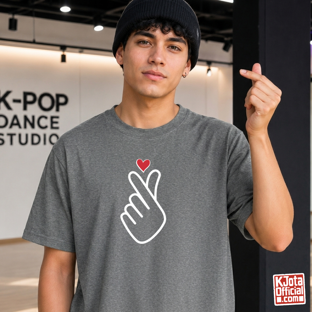 man wearing finger heart Korean saranghaeyo I love you K-pop fan t-shirt gray by K-Jota and making finger heart gesture at K-pop dance studio