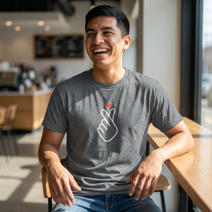 man wearing finger heart Korean saranghaeyo K-pop fan t-shirt gray by Kjota