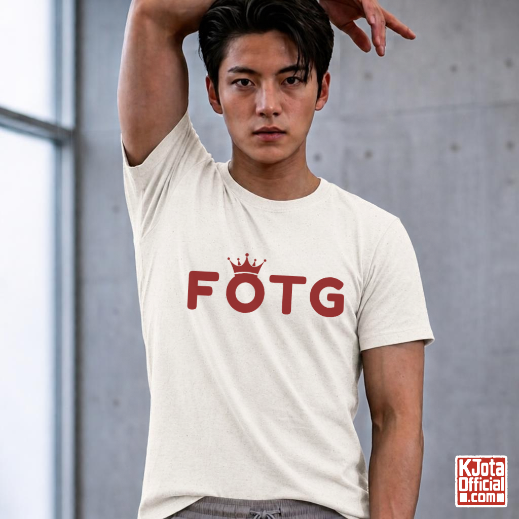 man wearing FOTG Face of the Group K-Pop idol group member role t-shirt beige by K-Jota