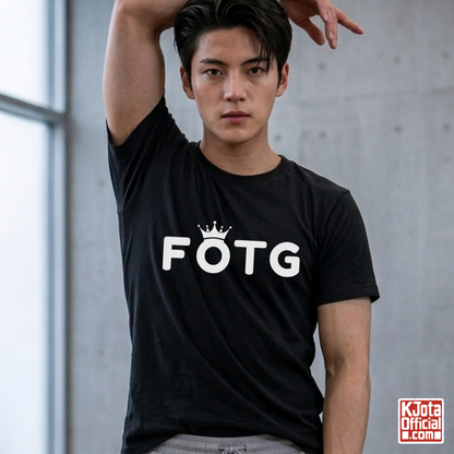 man wearing FOTG Face of the Group K-Pop idol group member role t-shirt black by K-Jota