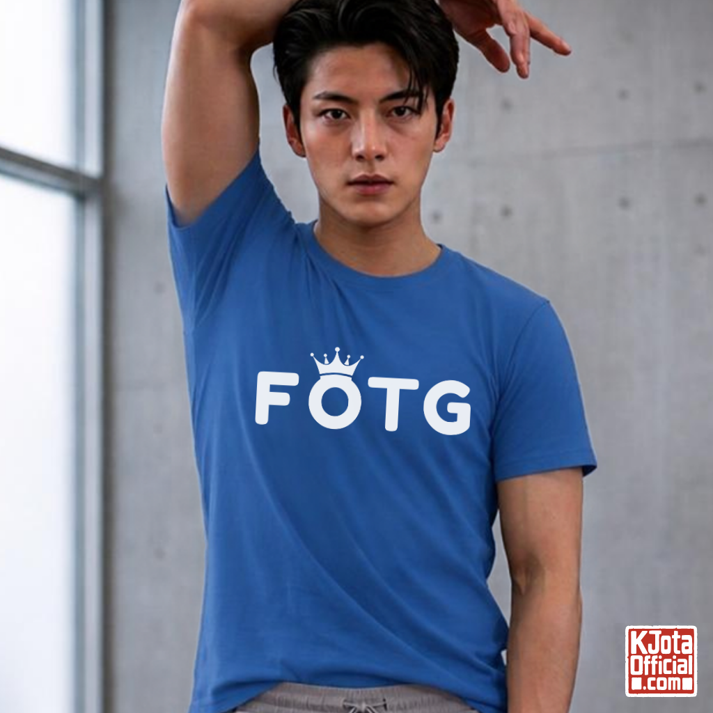 man wearing FOTG Face of the Group K-Pop idol group member role t-shirt blue by K-Jota