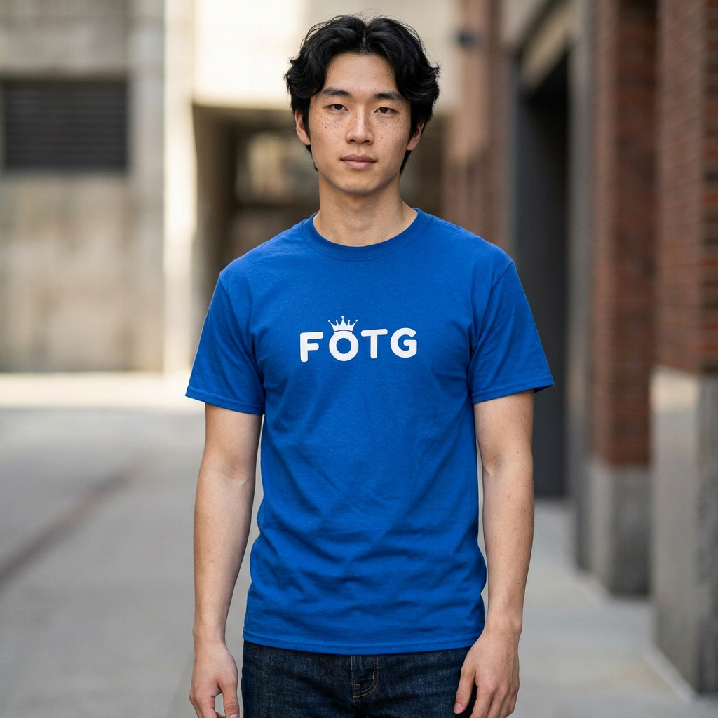man wearing FOTG Face of the Group K-Pop fan t-shirt blue by Kjota