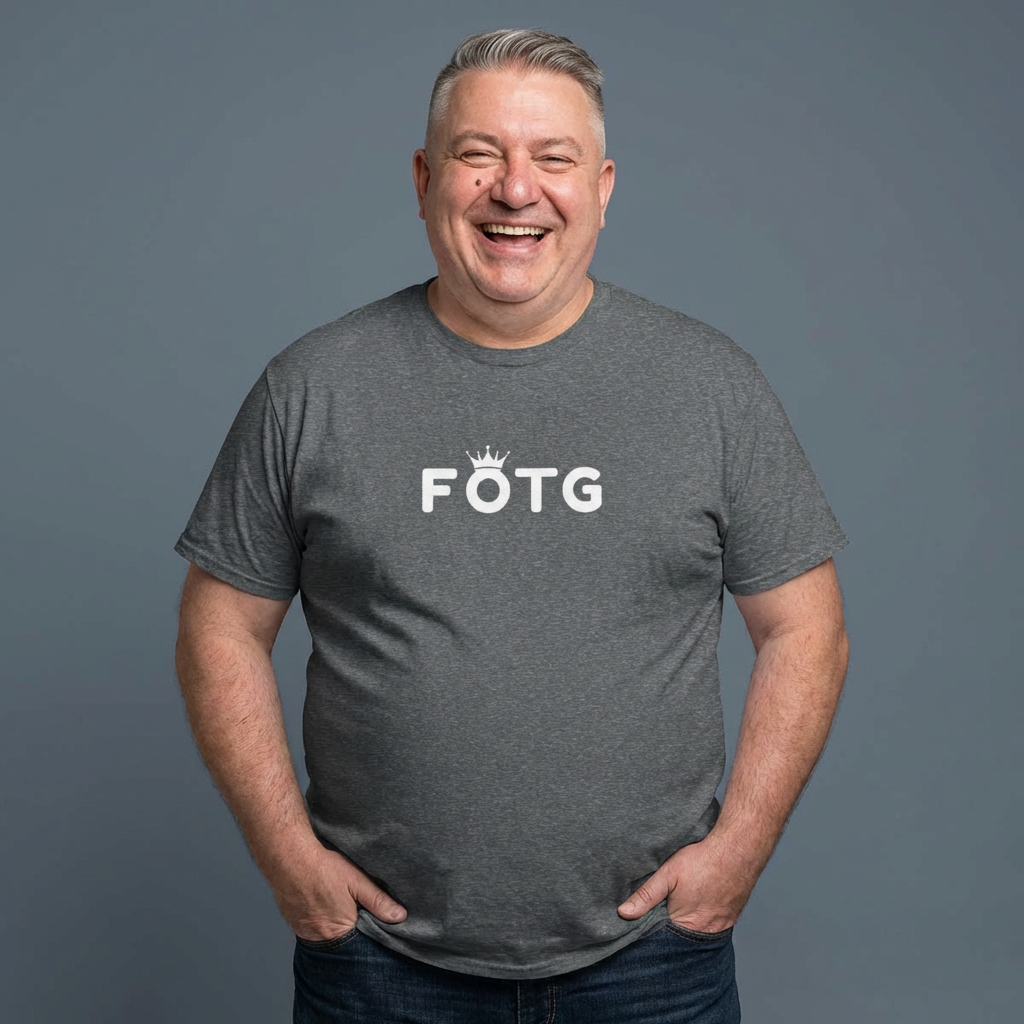 man wearing FOTG Face of the Group K-Pop fan t-shirt gray by Kjota