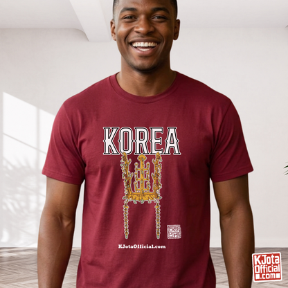 man wearing a red t-shirt by K-Jota with image of gold crown from Korea’s Silla dynasty printed on the front