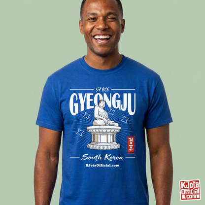 man wearing Gyeongju 57 BCE South Korea blue t-shirt featuring the historic Seokguram Buddha graphic by K-Jota