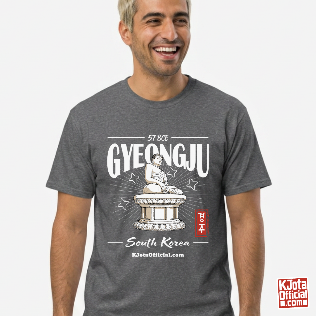 man wearing Gyeongju 57 BCE South Korea gray t-shirt featuring the historic Seokguram Buddha graphic by K-Jota