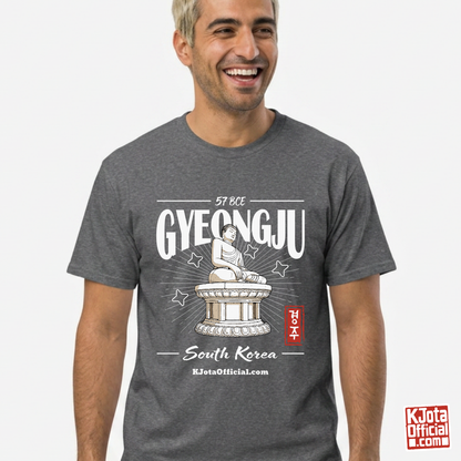 man wearing Gyeongju 57 BCE South Korea gray t-shirt featuring the historic Seokguram Buddha graphic by K-Jota