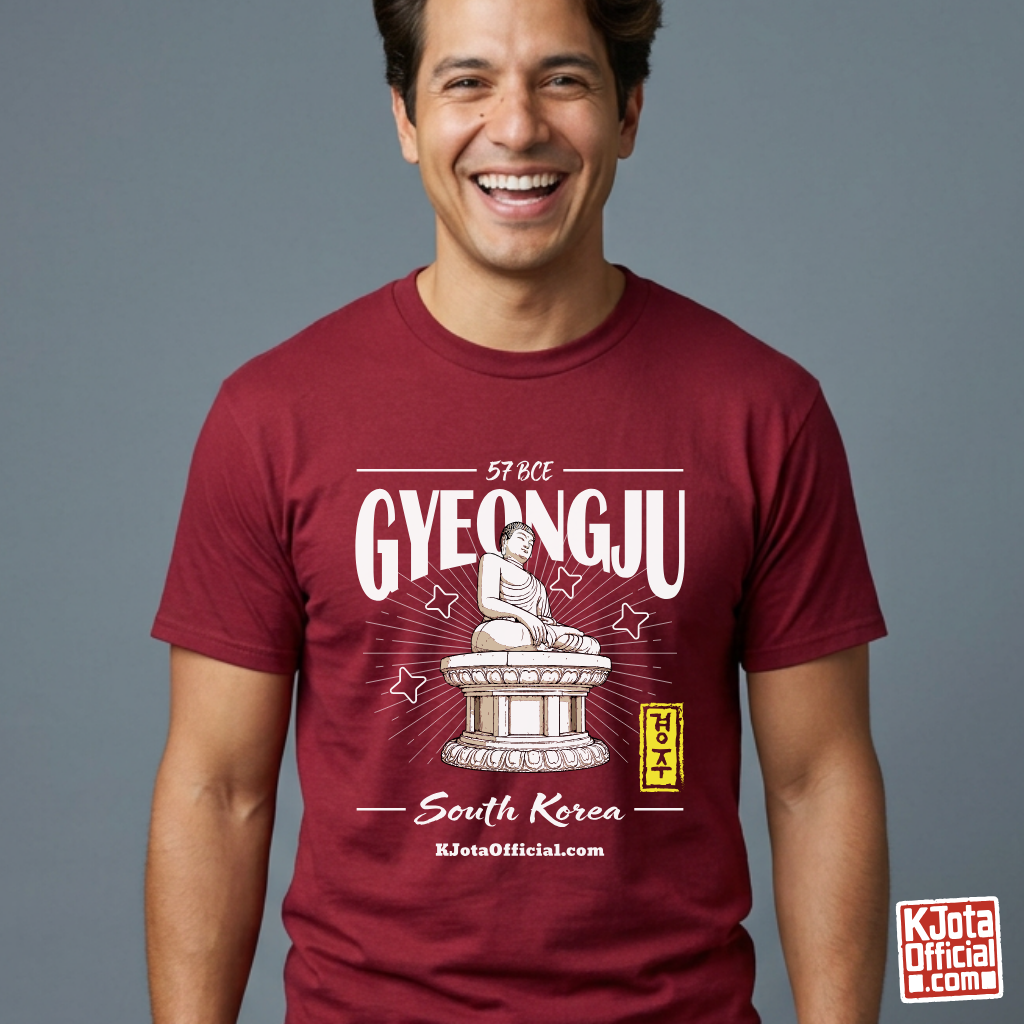 man wearing Gyeongju 57 BCE South Korea red t-shirt featuring the historic Seokguram Buddha graphic by K-Jota