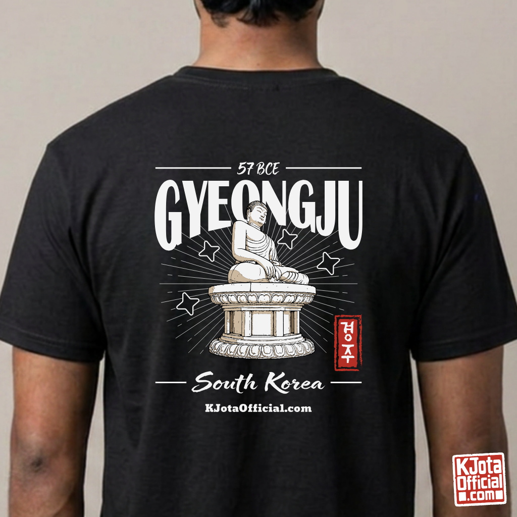 man wearing Gyeongju 57 BCE South Korea black t-shirt featuring the historic Seokguram Buddha graphic printed on the back by K-Jota
