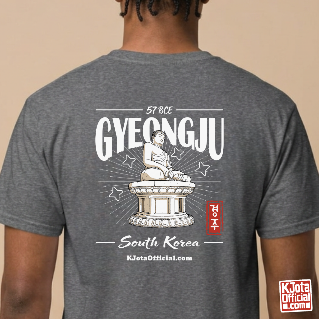 man wearing Gyeongju 57 BCE South Korea gray t-shirt featuring the historic Seokguram Buddha graphic printed on the back by K-Jota