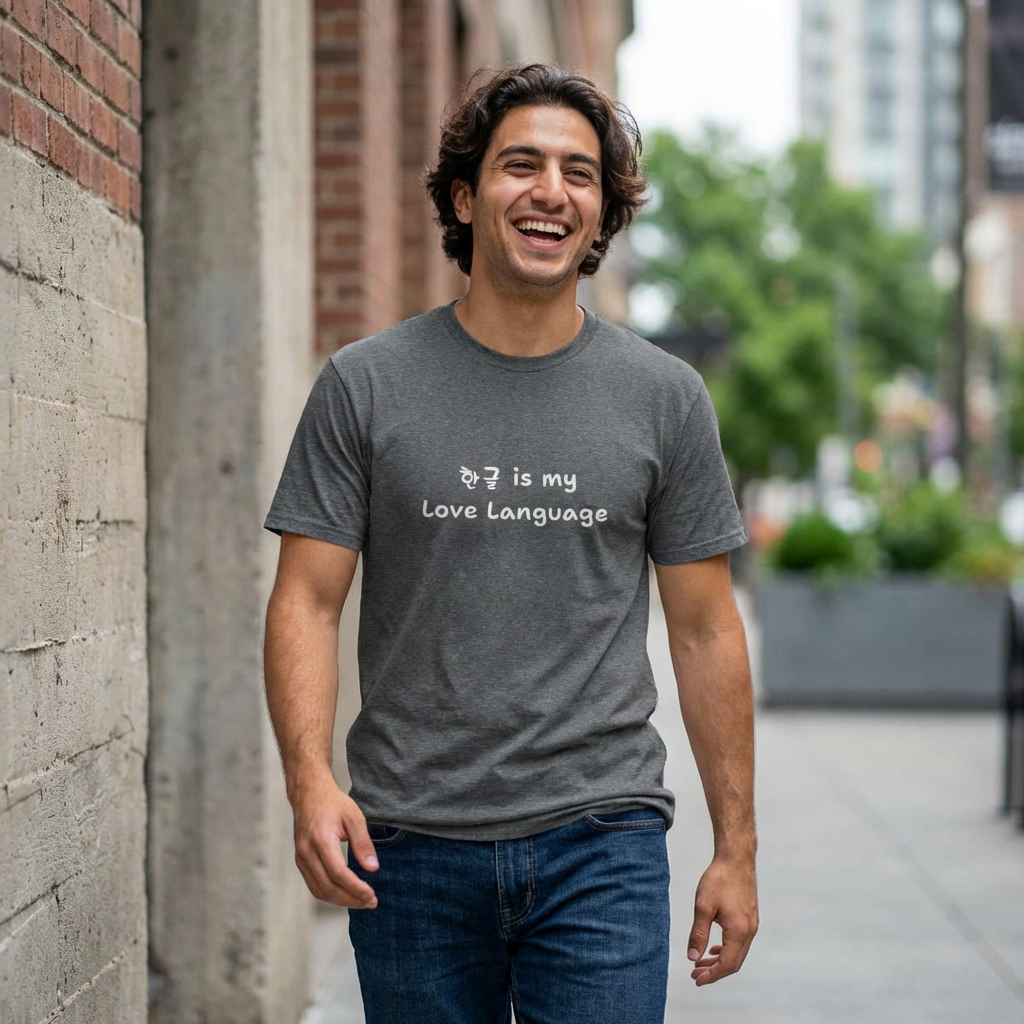 man wearing “Hangeul 한글 is my Love Language” Hangul Korean language fan gray t-shirt by Kjota