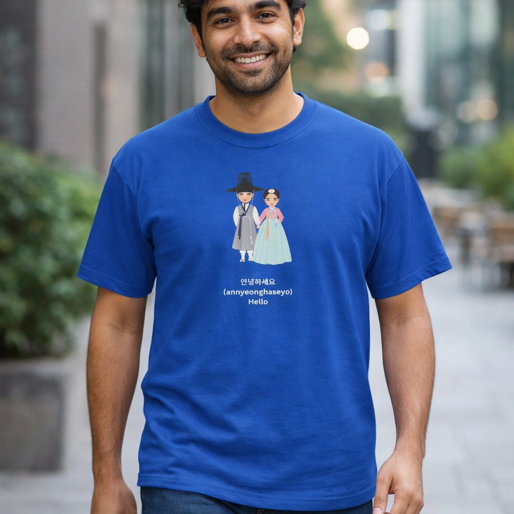 man wearing Hello annyeonghaseyo Korean greeting in Hangeul on blue t-shirt by Kjota
