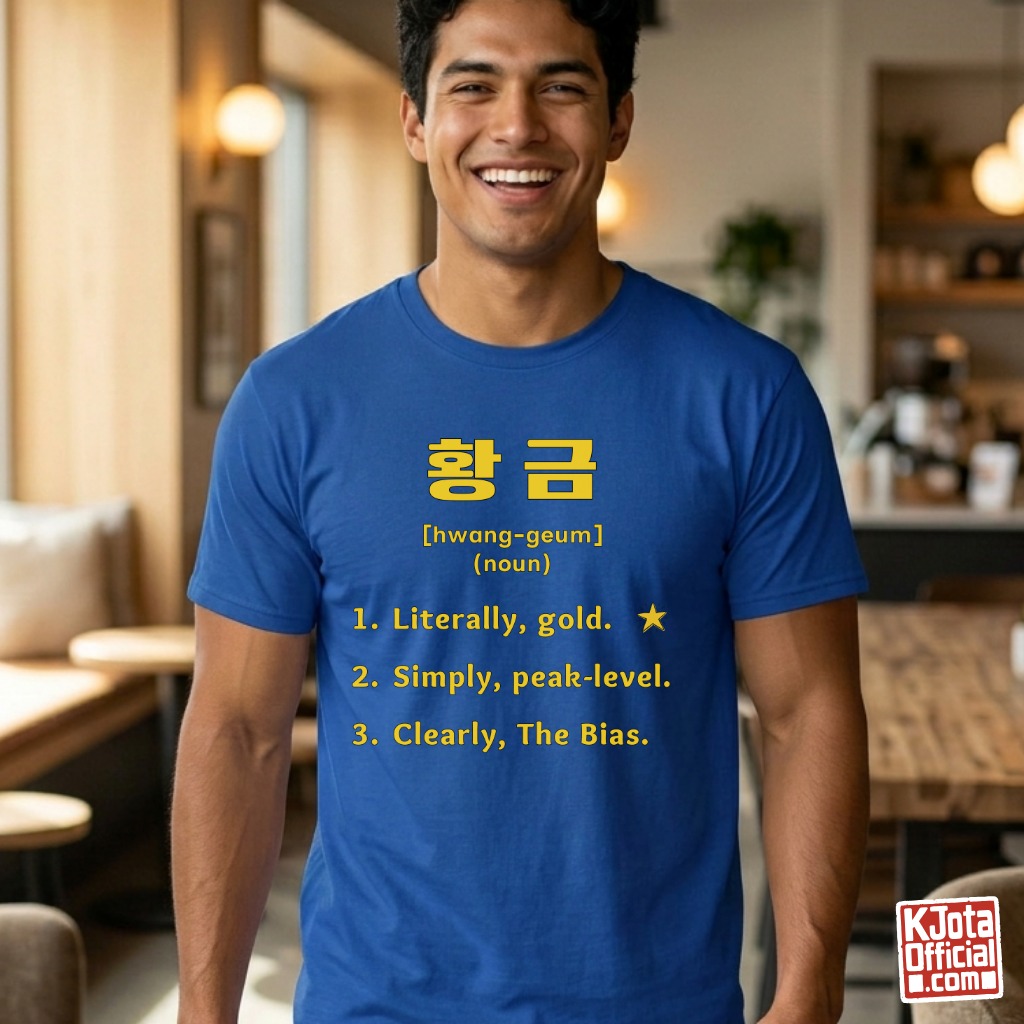 man wearing Hwanggeum 황금 Korean Hangeul word definition meaning gold or awesome or bias printed on a blue t-shirt by K-Jota