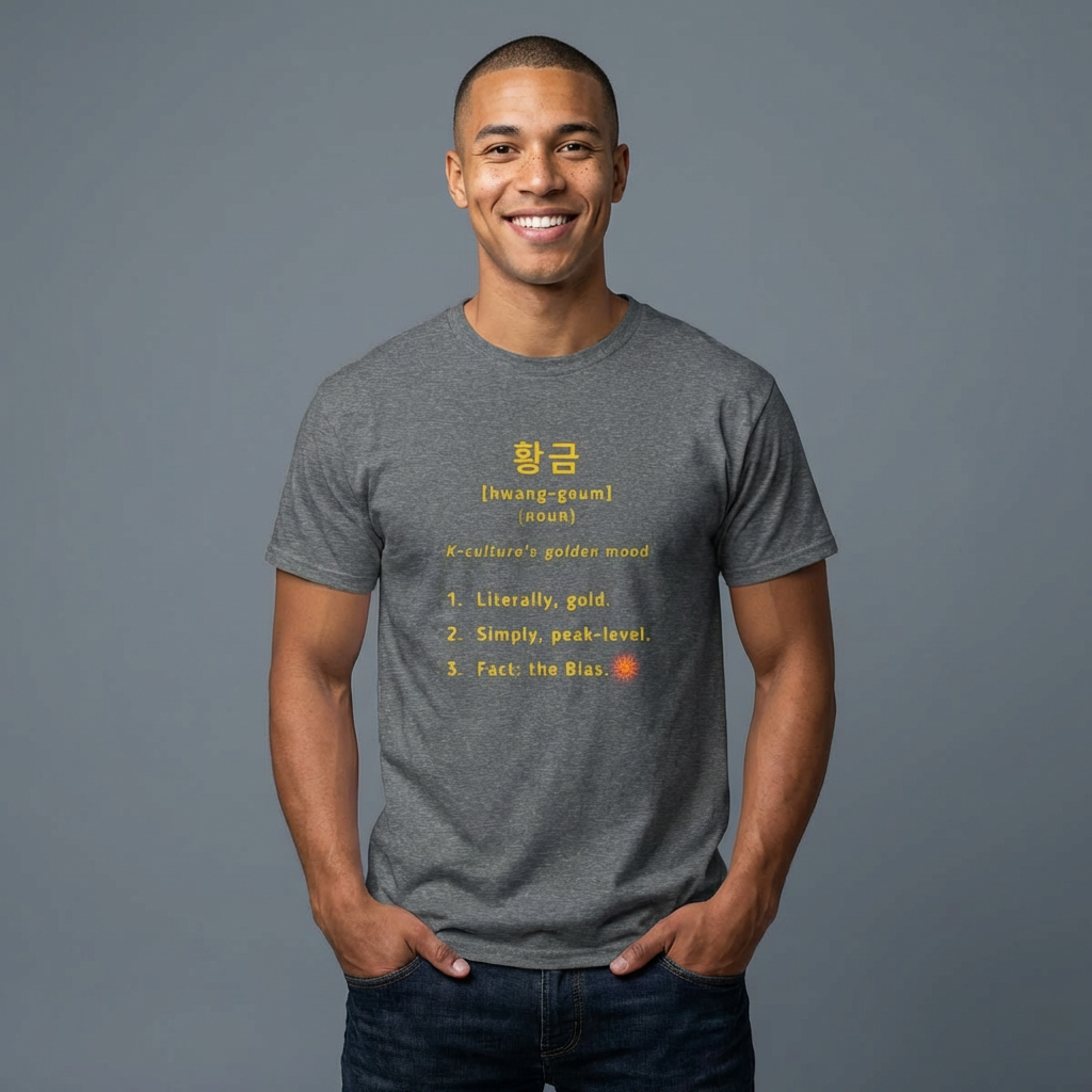 man wearing Hwanggeum 황금 Korean Hangeul word definition meaning gold or golden on gray t-shirt by Kjota
