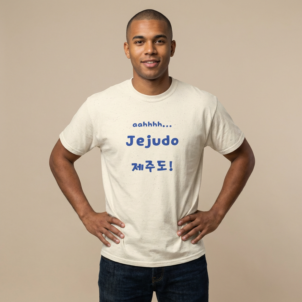 man wearing Jeju Island Korea travel 제주도 beige t-shirt by Kjota