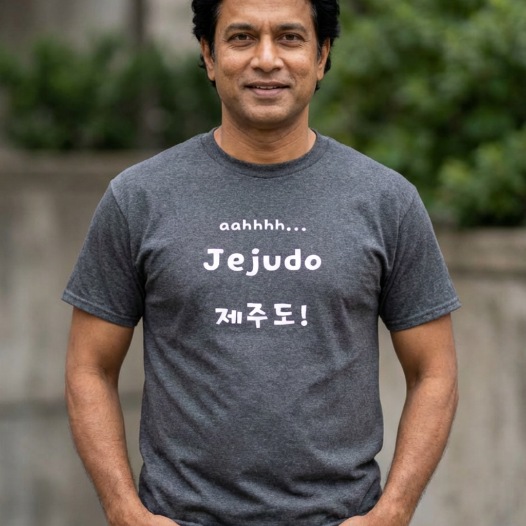 man wearing Jeju Island Korea travel 제주도 gray t-shirt by K-Jota