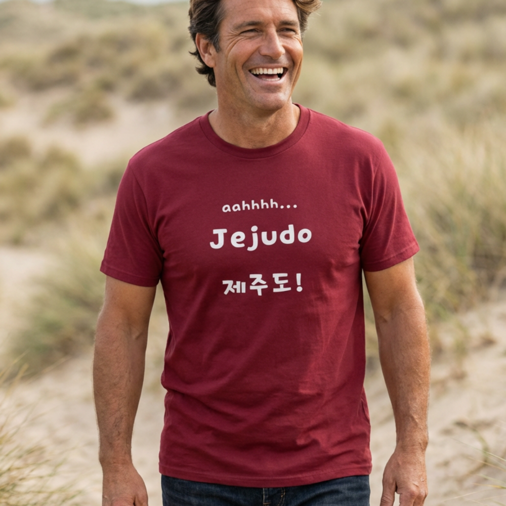 man wearing Jeju Island Korea travel 제주도 red t-shirt by K-Jota