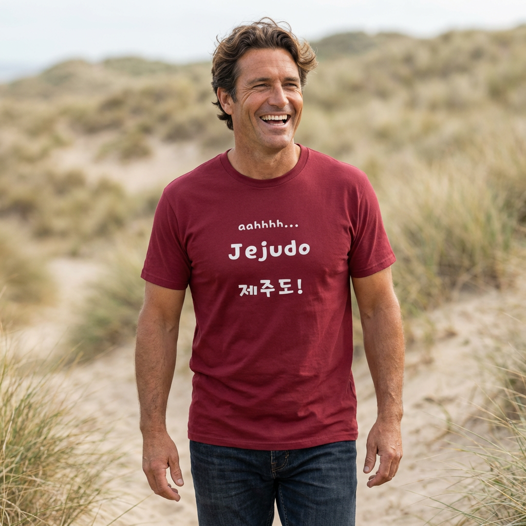 man wearing Jeju Island Korea travel 제주도 red t-shirt by Kjota
