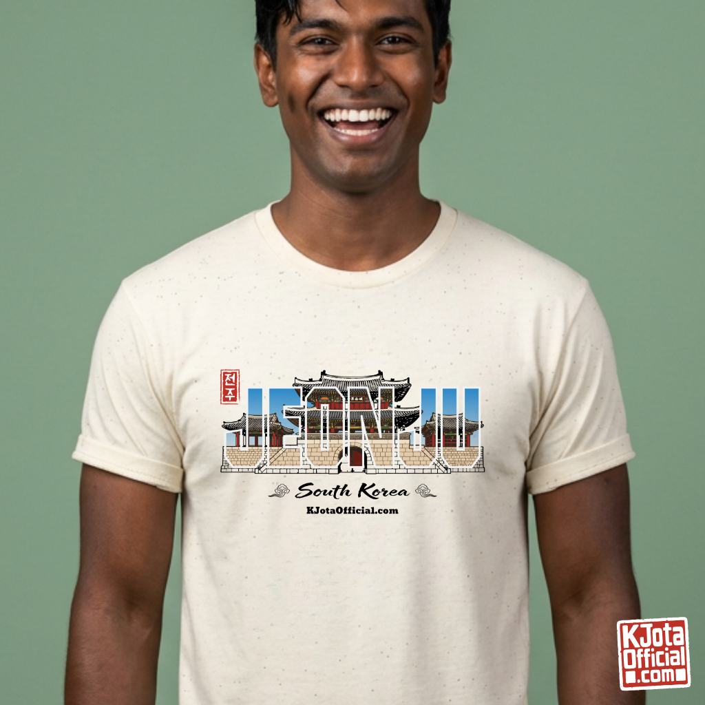 man wearing Jeonjuseong1 Fortress Pungnammun Gate history graphic with text overlay on beige t-shirt. Korea travel t-shirt handcrafted design by K-Jota