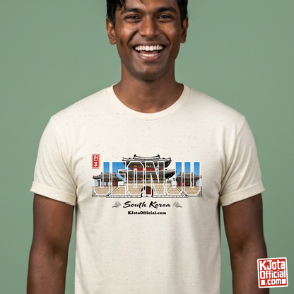 man wearing Jeonjuseong1 Fortress Pungnammun Gate history graphic with text overlay on beige t-shirt. Korea travel t-shirt handcrafted design by K-Jota