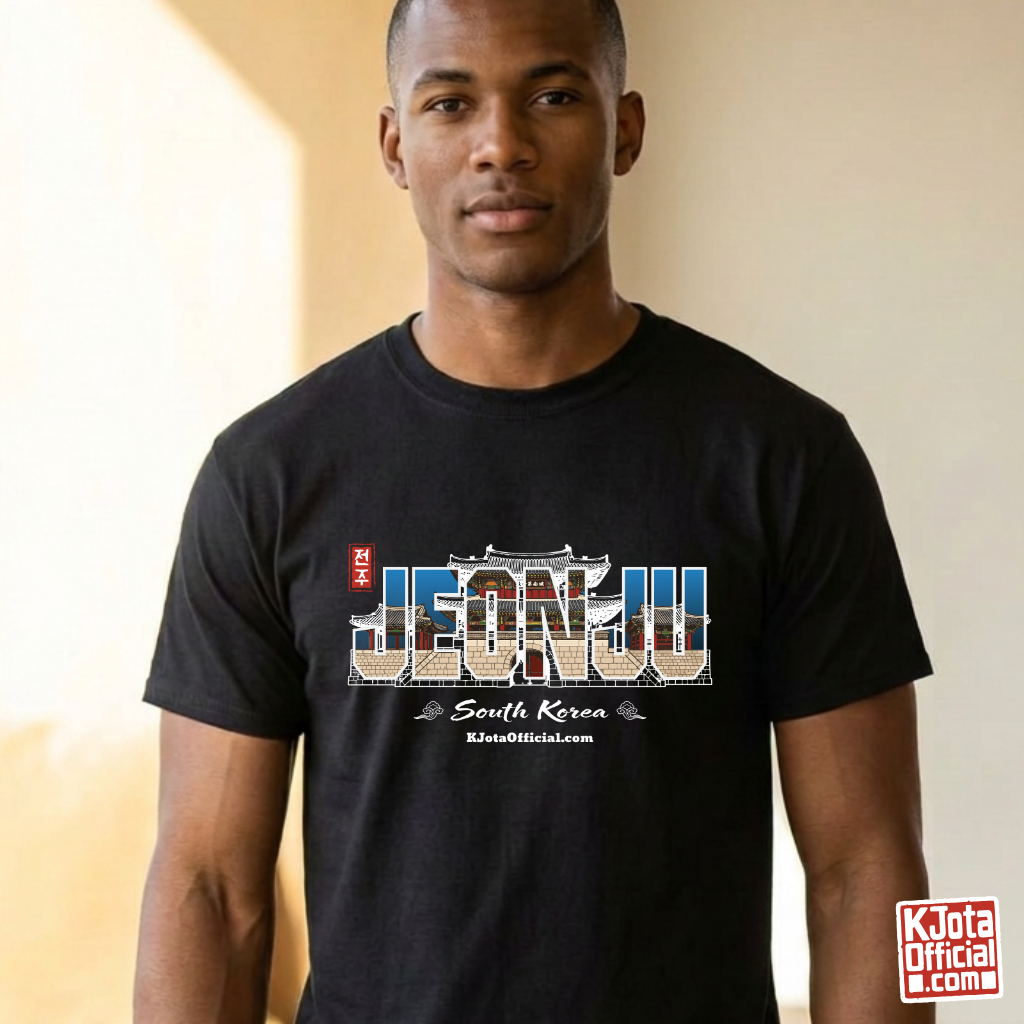 man wearing Jeonjuseong1 Fortress Pungnammun Gate history graphic with text overlay on black t-shirt. Korea travel t-shirt handcrafted design by K-Jota