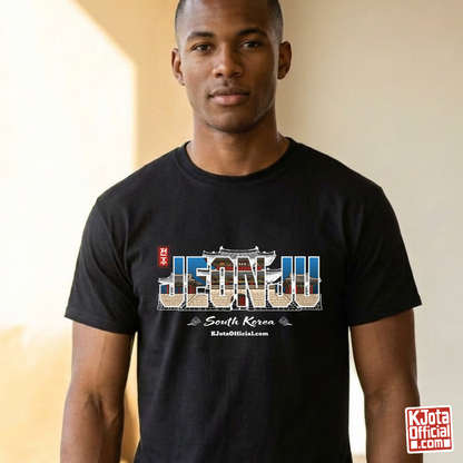 man wearing Jeonjuseong1 Fortress Pungnammun Gate history graphic with text overlay on black t-shirt. Korea travel t-shirt handcrafted design by K-Jota