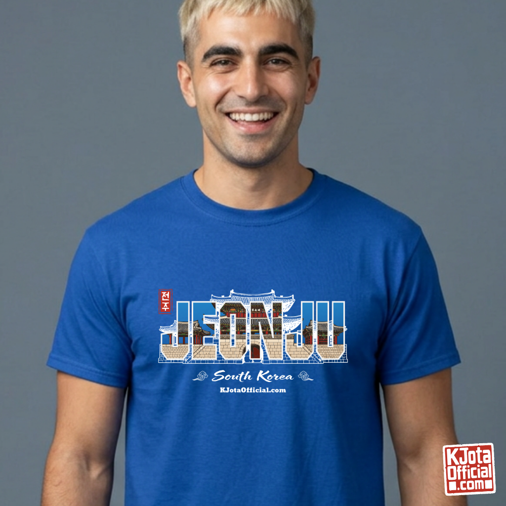 man wearing Jeonjuseong1 Fortress Pungnammun Gate history graphic with text overlay on blue t-shirt. Korea travel t-shirt handcrafted design by K-Jota