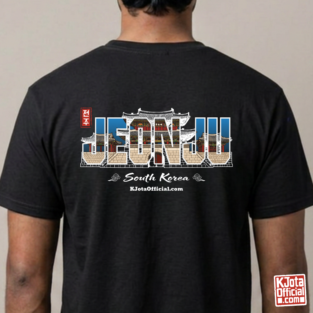 man wearing Jeonjuseong1 Fortress Pungnammun Gate history graphic with text overlay on backside of black t-shirt. Korea travel t-shirt handcrafted design by K-Jota