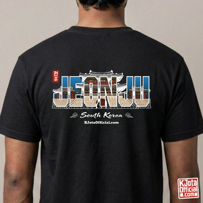 man wearing Jeonjuseong1 Fortress Pungnammun Gate history graphic with text overlay on backside of black t-shirt. Korea travel t-shirt handcrafted design by K-Jota