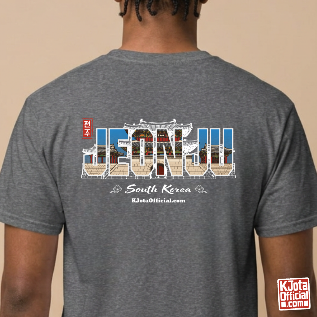
man wearing Jeonjuseong1 Fortress Pungnammun Gate history graphic with text overlay on backside of gray t-shirt. Korea travel t-shirt handcrafted design by K-Jota