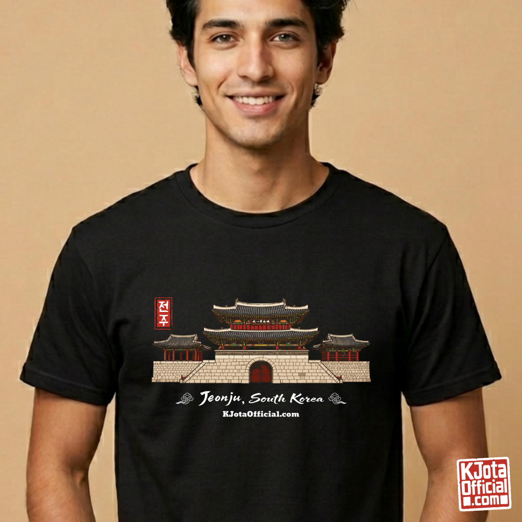 man wearing Jeonjuseong2 Pungnammun Gate black t-shirt, Jeonju South Korea graphic tee handcrafted design by K-Jota