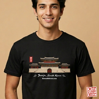 man wearing Jeonjuseong2 Pungnammun Gate black t-shirt, Jeonju South Korea graphic tee handcrafted design by K-Jota