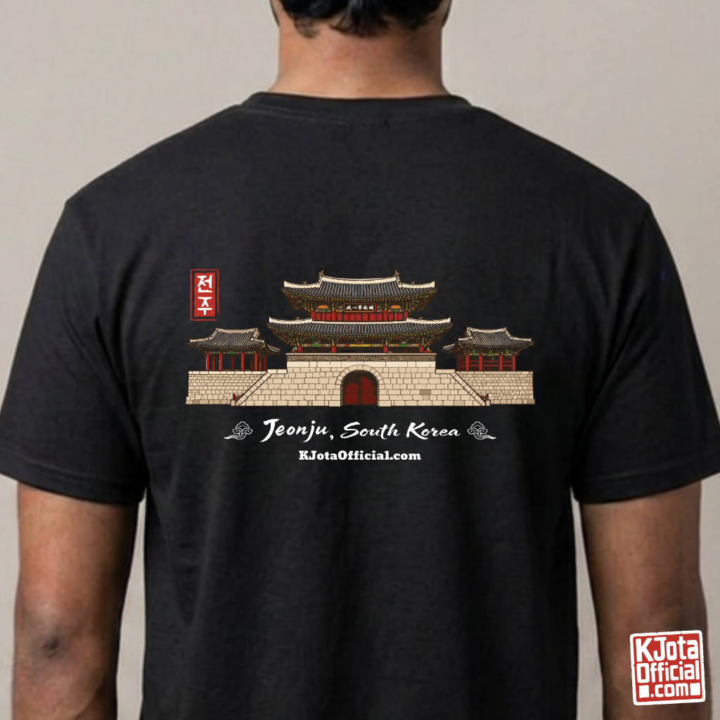 man wearing Jeonjuseong2 Pungnammun Gate black t-shirt, Jeonju South Korea graphic tee handcrafted design printed on the backside by K-Jota