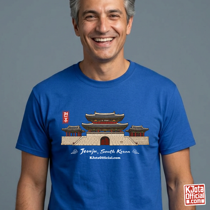 man wearing Jeonjuseong2 Pungnammun Gate blue t-shirt, Jeonju South Korea graphic tee handcrafted design by K-Jota