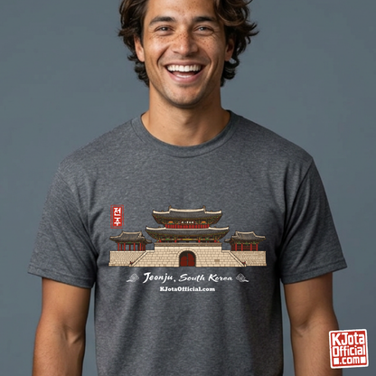 man wearing Jeonjuseong2 Pungnammun Gate gray t-shirt, Jeonju South Korea graphic tee handcrafted design by K-Jota