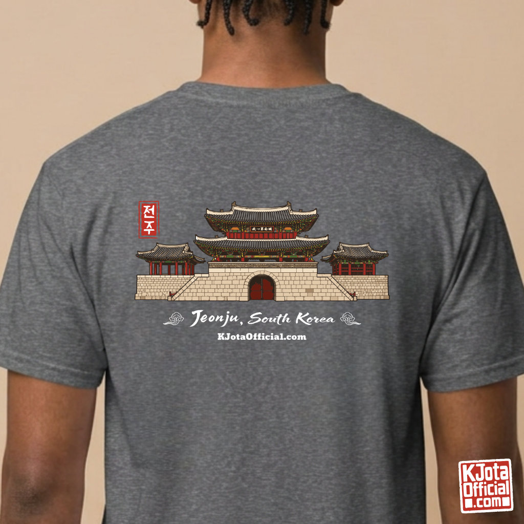 
man wearing Jeonjuseong2 Pungnammun Gate gray t-shirt, Jeonju South Korea graphic tee handcrafted design printed on the backside by K-Jota