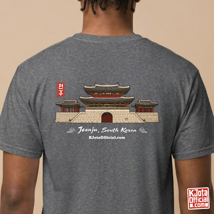 
man wearing Jeonjuseong2 Pungnammun Gate gray t-shirt, Jeonju South Korea graphic tee handcrafted design printed on the backside by K-Jota