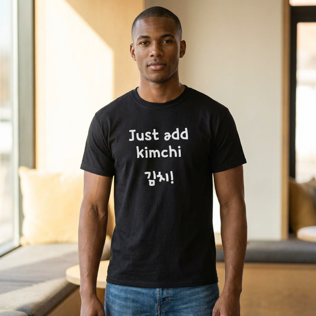 man wearing Just add kimchi Korean food superfood fan black t-shirt by Kjota