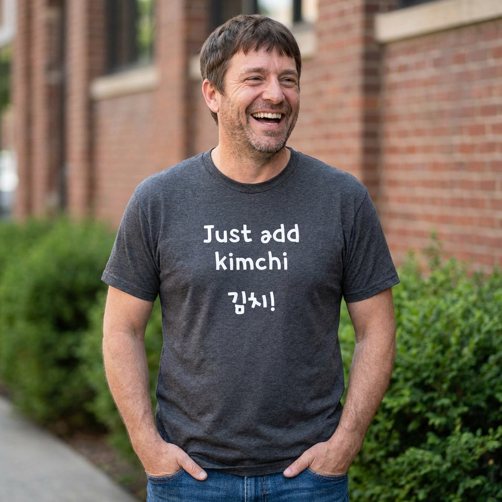 man wearing Just add kimchi Korean food superfood fan gray t-shirt by Kjota