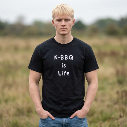 man wearing K-BBQ is life for Korean food fans black t-shirt by Kjota