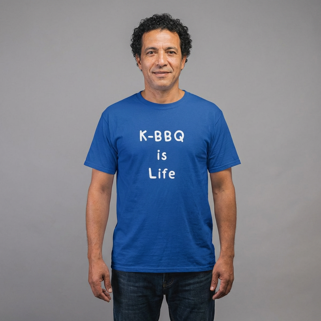 man wearing K-BBQ is life for Korean food fans blue t-shirt by Kjota