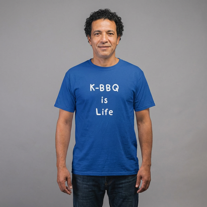 man wearing K-BBQ is life for Korean food fans blue t-shirt by Kjota