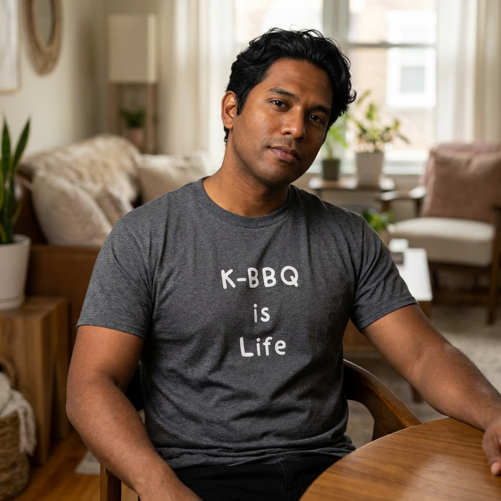 man wearing K-BBQ is life for Korean food fans gray t-shirt by Kjota