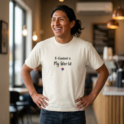 man wearing K-content is my world Korean entertainment Hallyu fan t-shirt beige by Kjota