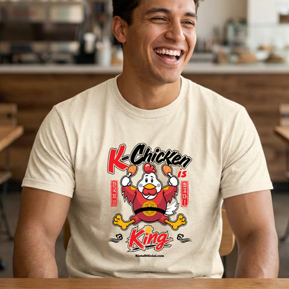 man wearing K-Chicken is King graphic t-shirt in beige featuring a Korean fried chicken mascot wearing red royal robes holding fried chicken drumsticks with Hangeul text by Kjota