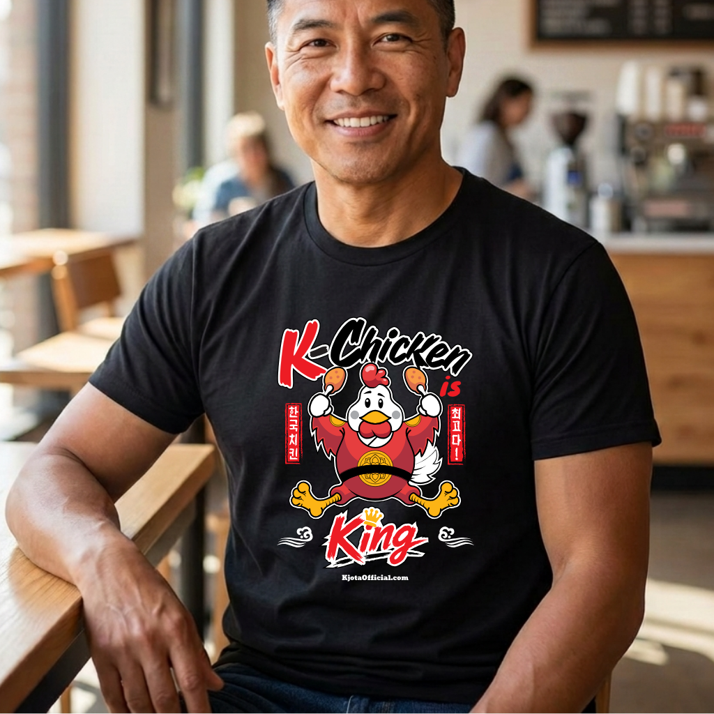 man wearing “K-Chicken is King” graphic t-shirt in black featuring a Korean fried chicken mascot wearing red royal robes holding fried chicken drumsticks with Hangeul text by Kjota