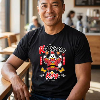 man wearing “K-Chicken is King” graphic t-shirt in black featuring a Korean fried chicken mascot wearing red royal robes holding fried chicken drumsticks with Hangeul text by Kjota