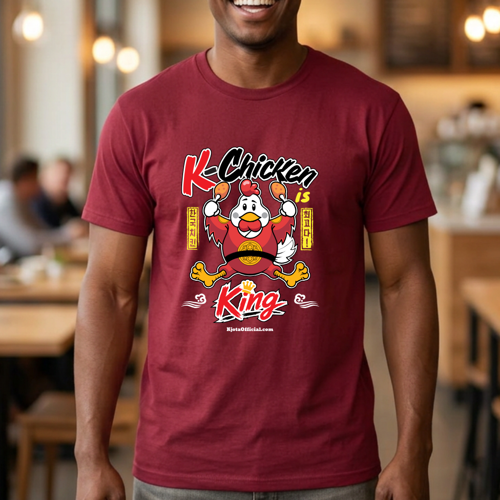 man wearing “K-Chicken is King” graphic t-shirt in red featuring a Korean fried chicken mascot wearing red royal robes holding fried chicken drumsticks with Hangeul text by Kjota