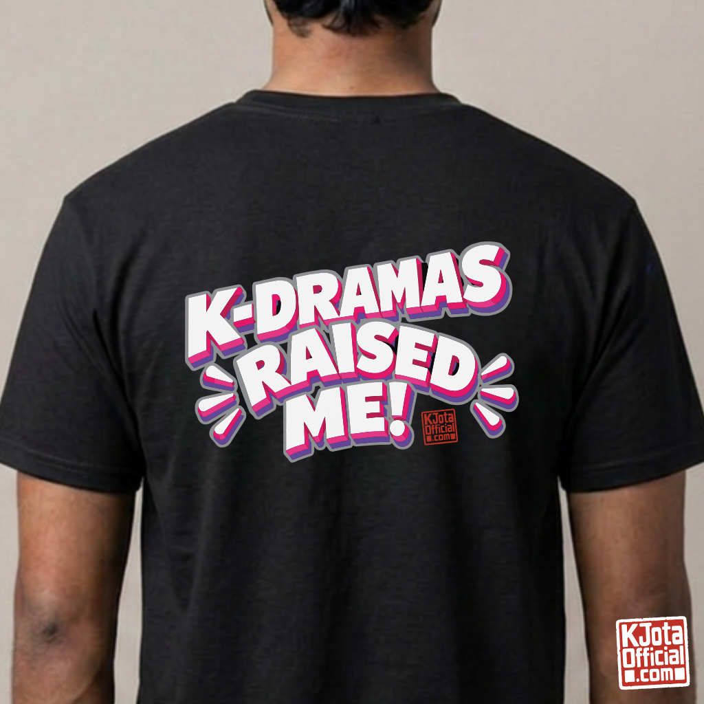 man wearing a black t-shirt with 'K-dramas raised me' text printed on the back by K-Jota for Korean show life lesson fans